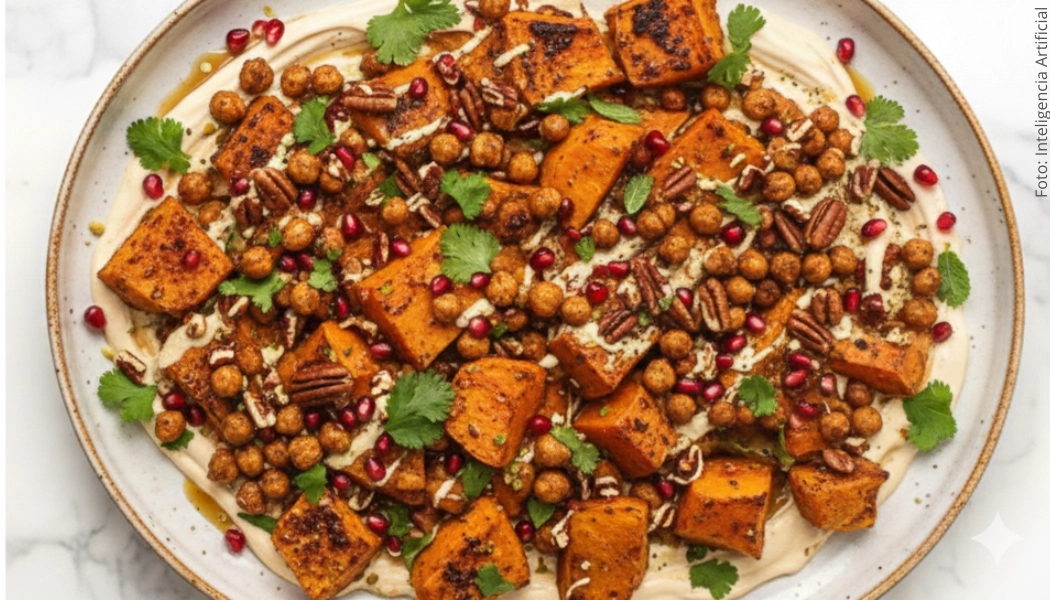 Ensalada de batata y tahini batido con maple Ensalada de batata y tahini batido con maple