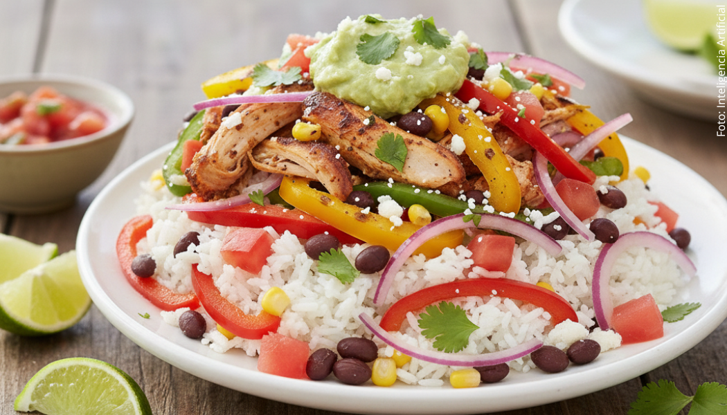 Bowl de arroz con pavo y vegetales