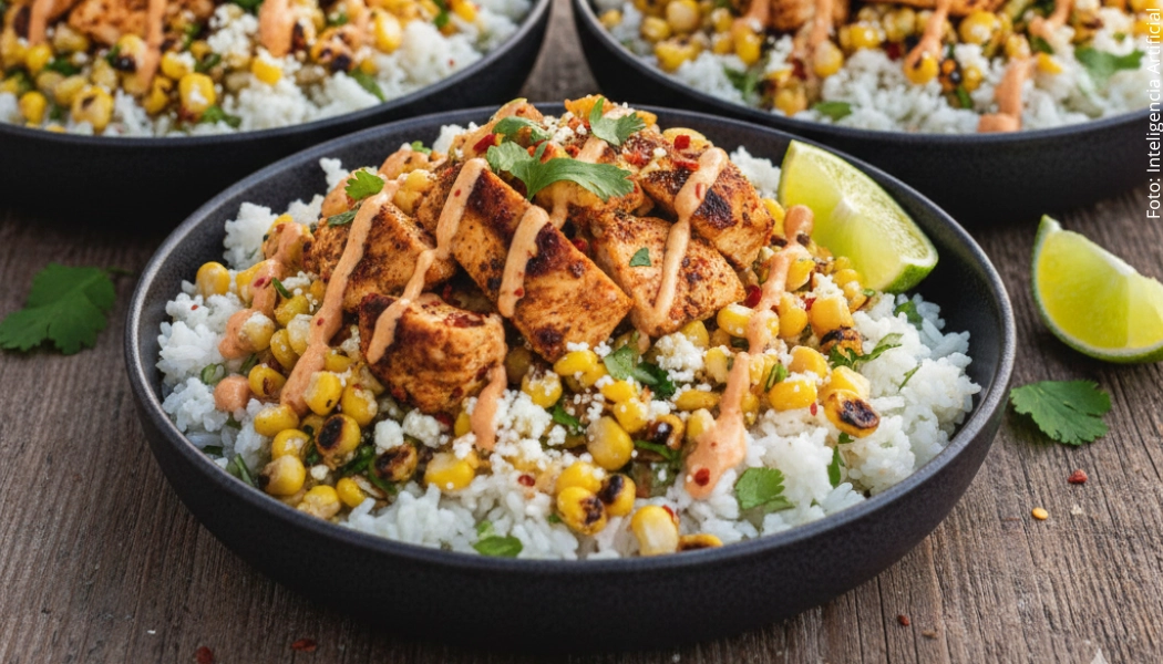 Bowl de arroz con pollo y maíz