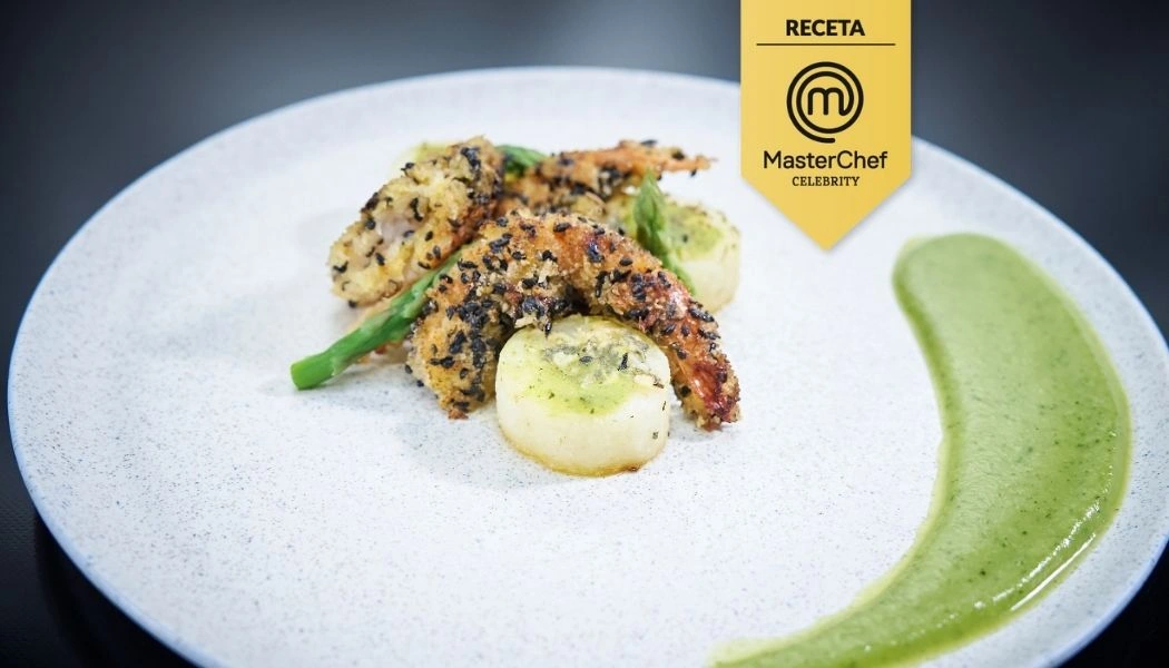 Receta langostinos apanados con salsa de arveja.  