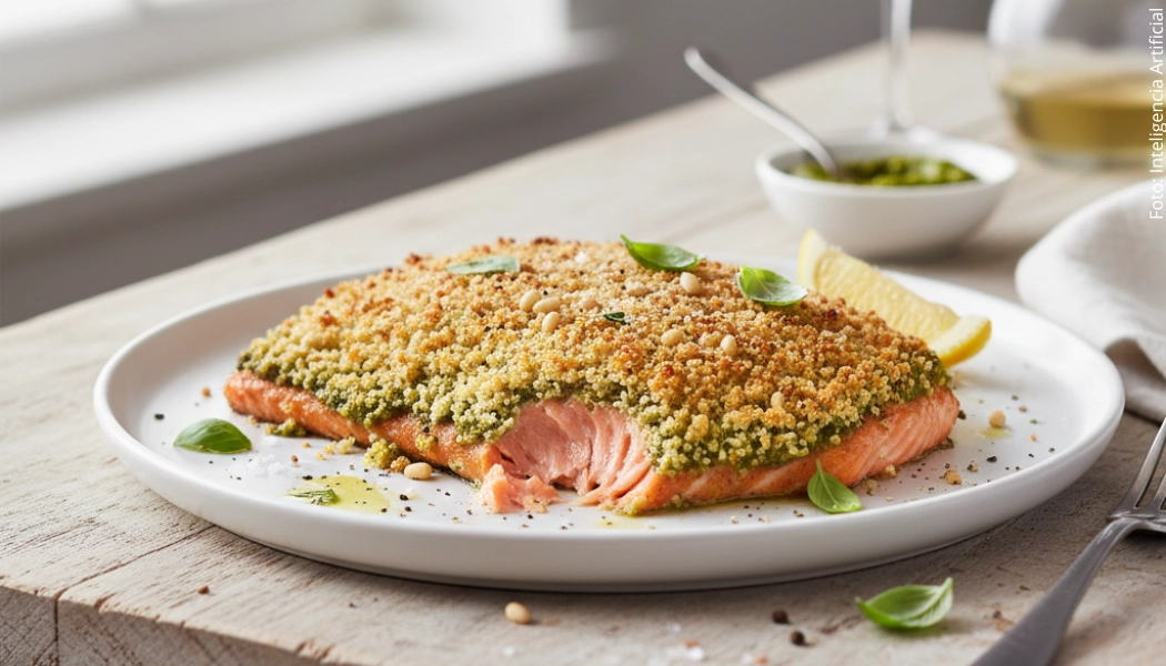 Salmón al pesto con costra crocante