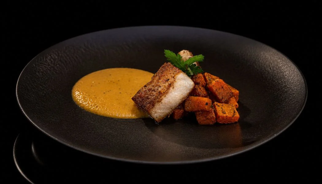 Róbalo con ahuyama, reducción de vino blanco y romero